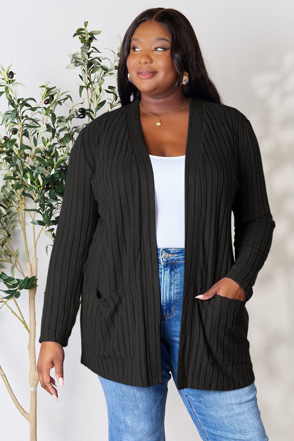 Basic Bae Full Size Ribbed Open Front Cardigan with Pockets - Admiresty
