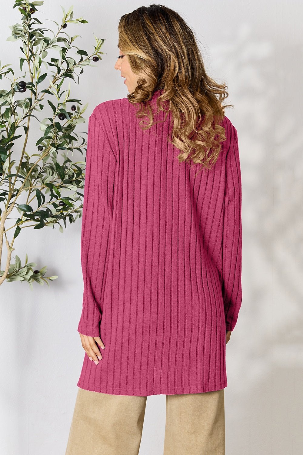 Basic Bae Full Size Ribbed Open Front Cardigan with Pockets - Admiresty