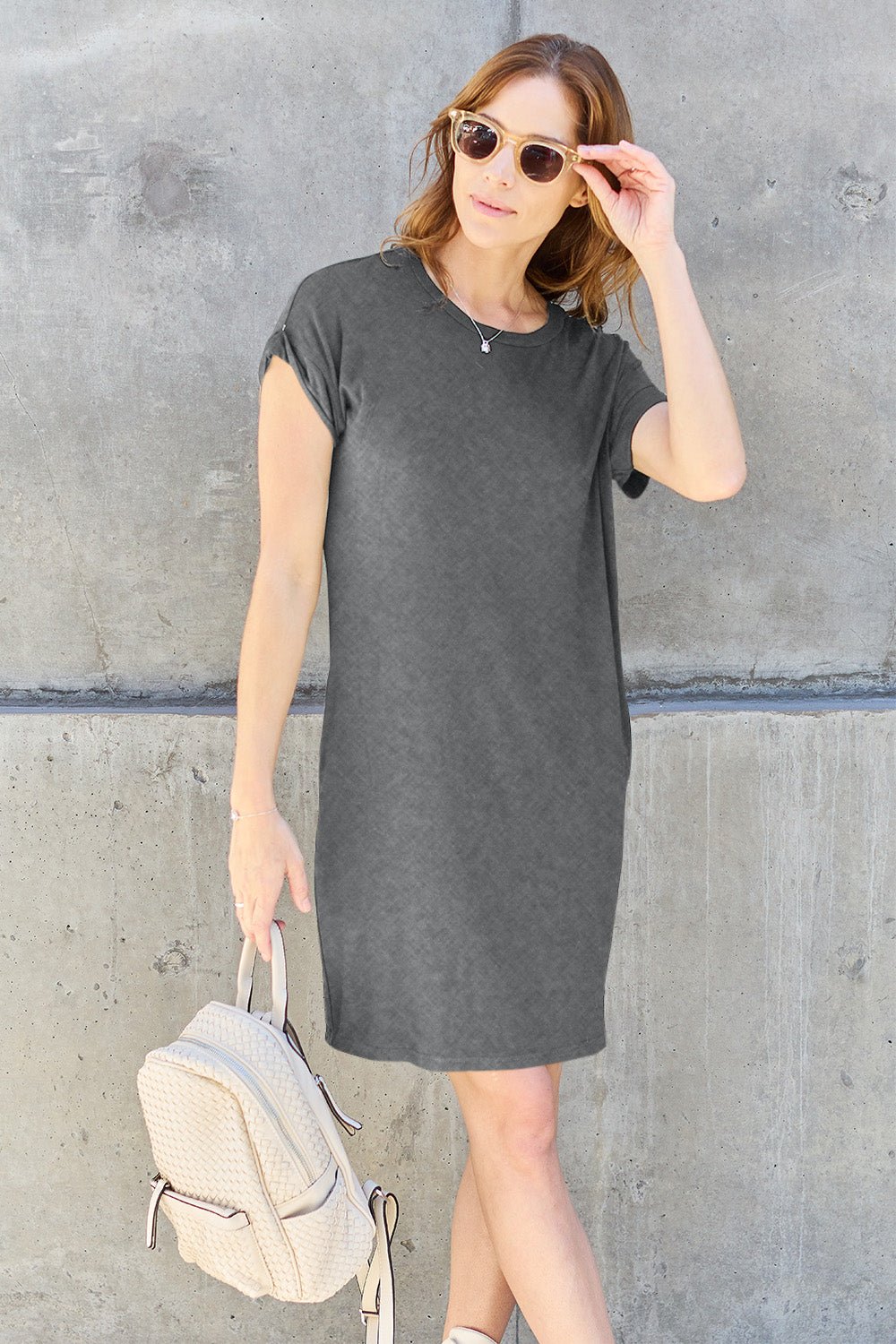 Basic Bae Full Size Round Neck Short Sleeve Dress with Pockets - Admiresty