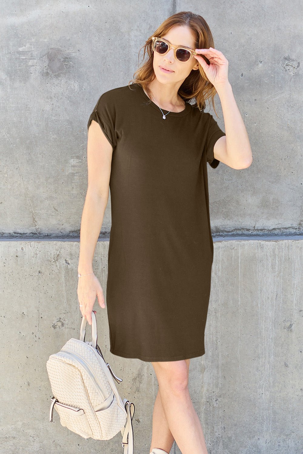 Basic Bae Full Size Round Neck Short Sleeve Dress with Pockets - Admiresty