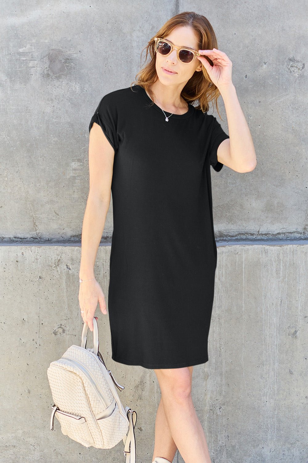 Basic Bae Full Size Round Neck Short Sleeve Dress with Pockets - Admiresty