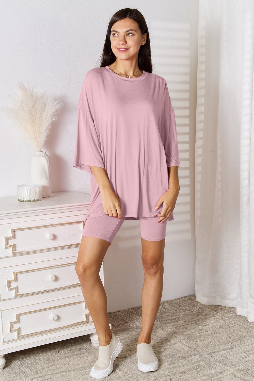 Basic Bae Full Size Soft Rayon Three - Quarter Sleeve Top and Shorts Set - Admiresty