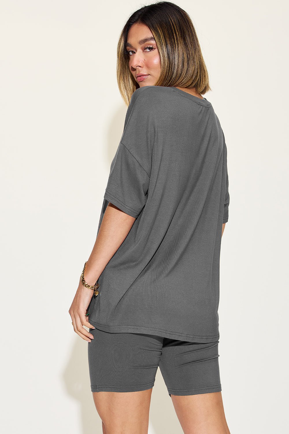 Basic Bae Full Size V - Neck Drop Shoulder T - Shirt and Shorts Set - Admiresty