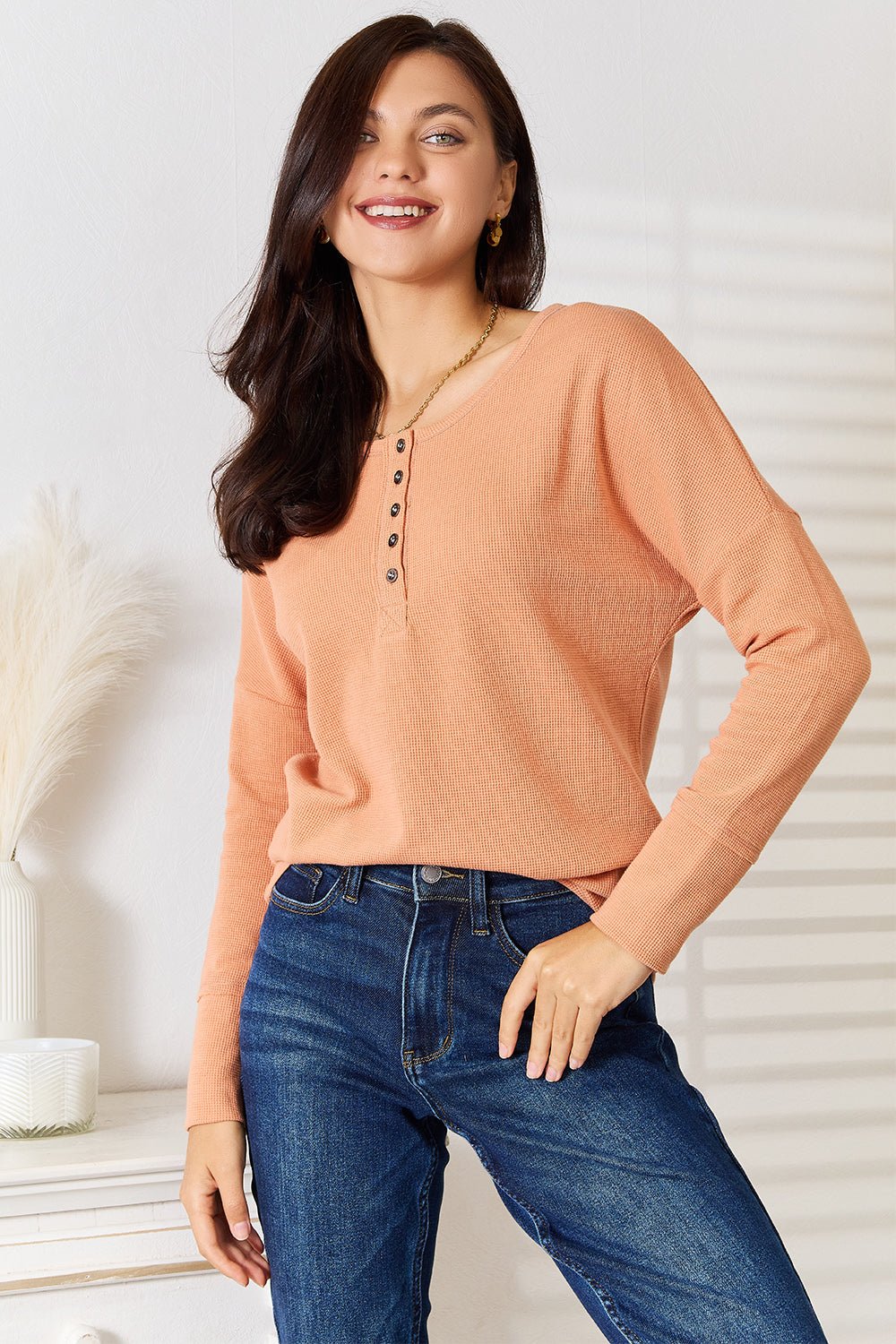 Basic Bae Half Button Long Sleeve Top - Admiresty