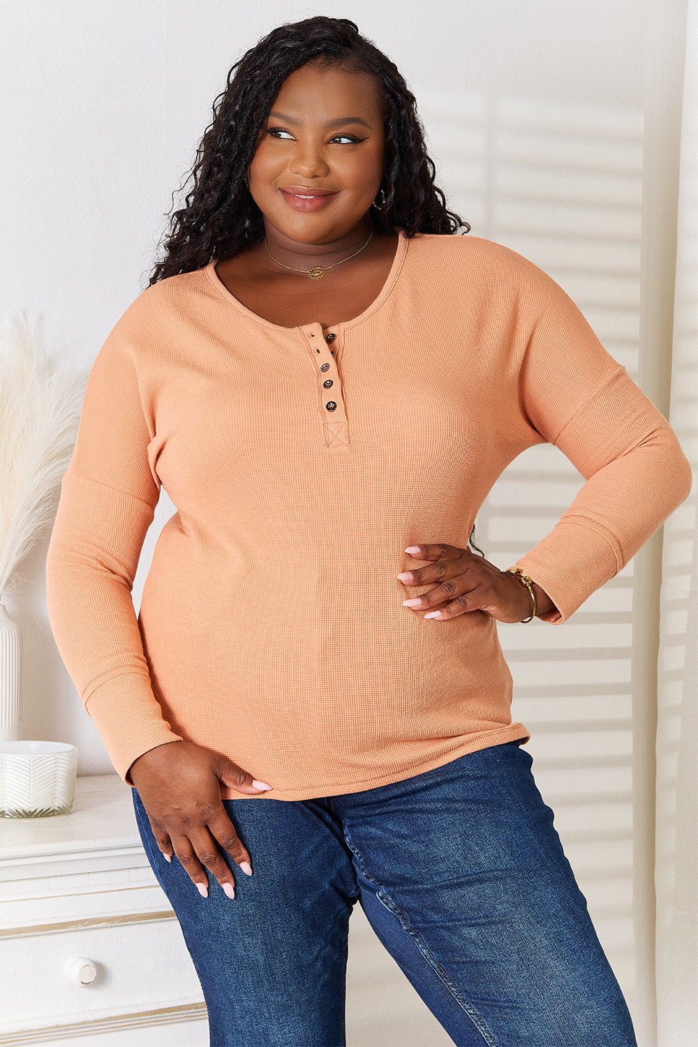 Basic Bae Half Button Long Sleeve Top - Admiresty