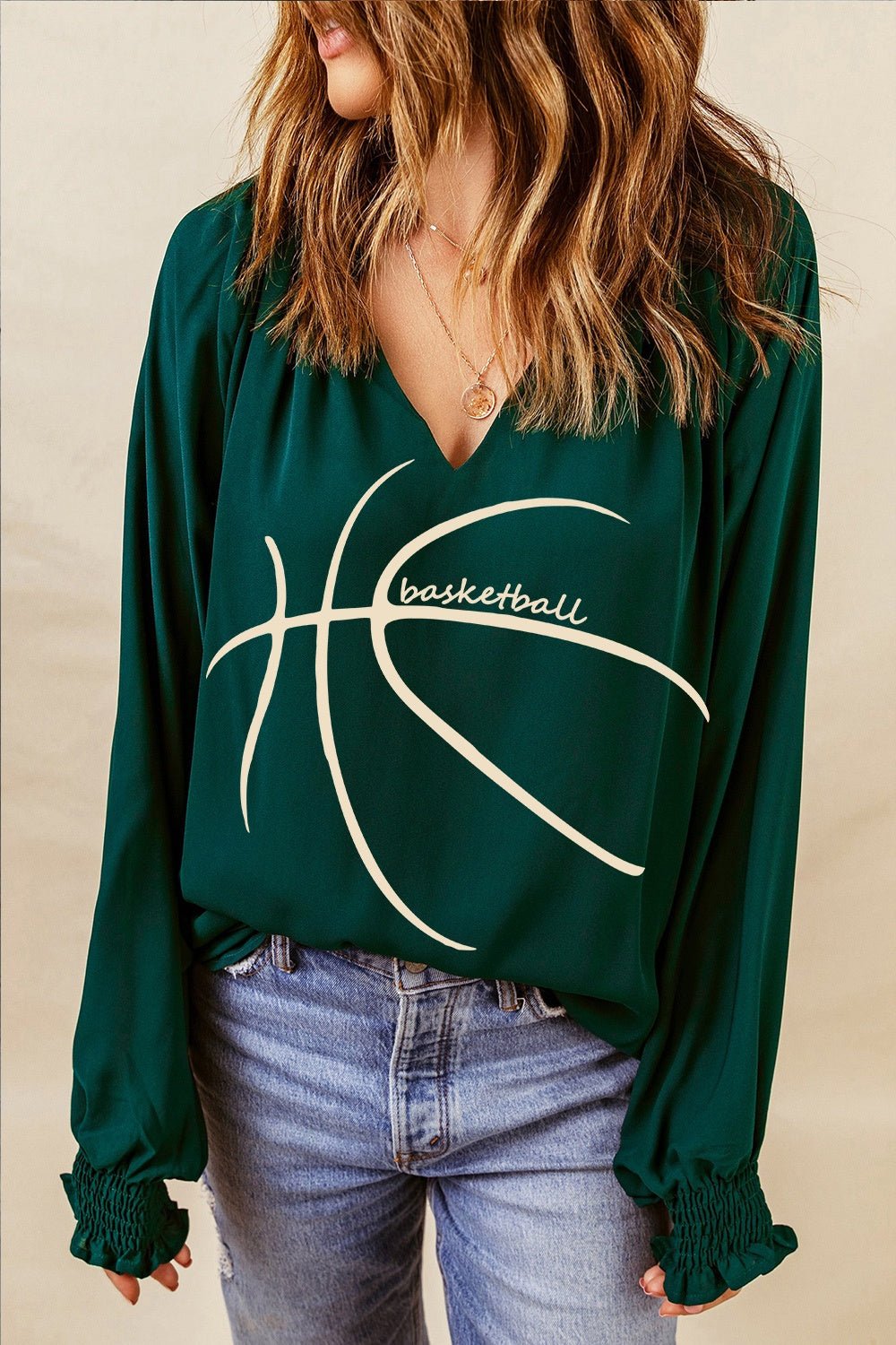 BASKETBALL Round Neck Smocked Long Sleeve Top - Admiresty