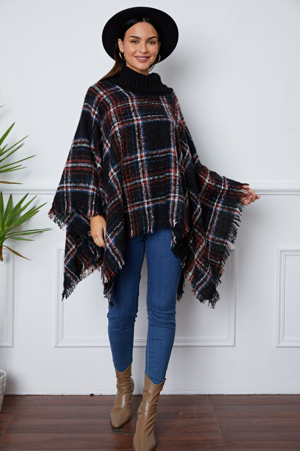 Turtleneck Plaid Raw Hem Sweater