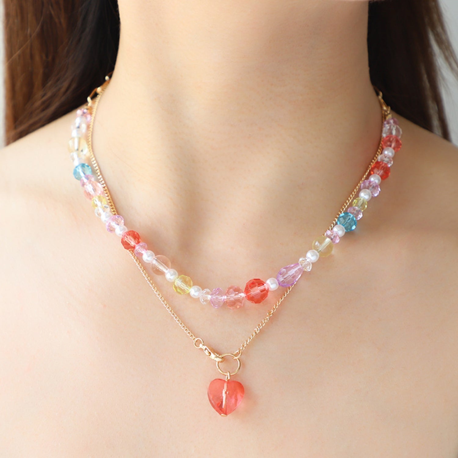 Beaded Double - Layered Heart Pendant Necklace - Admiresty