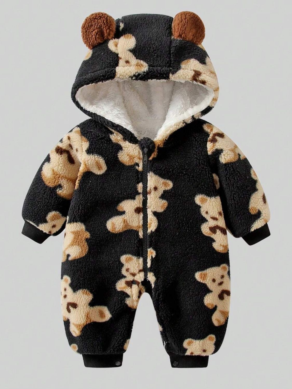 Bear Zip Up Long Sleeve Hooded Jumpsuit - Admiresty