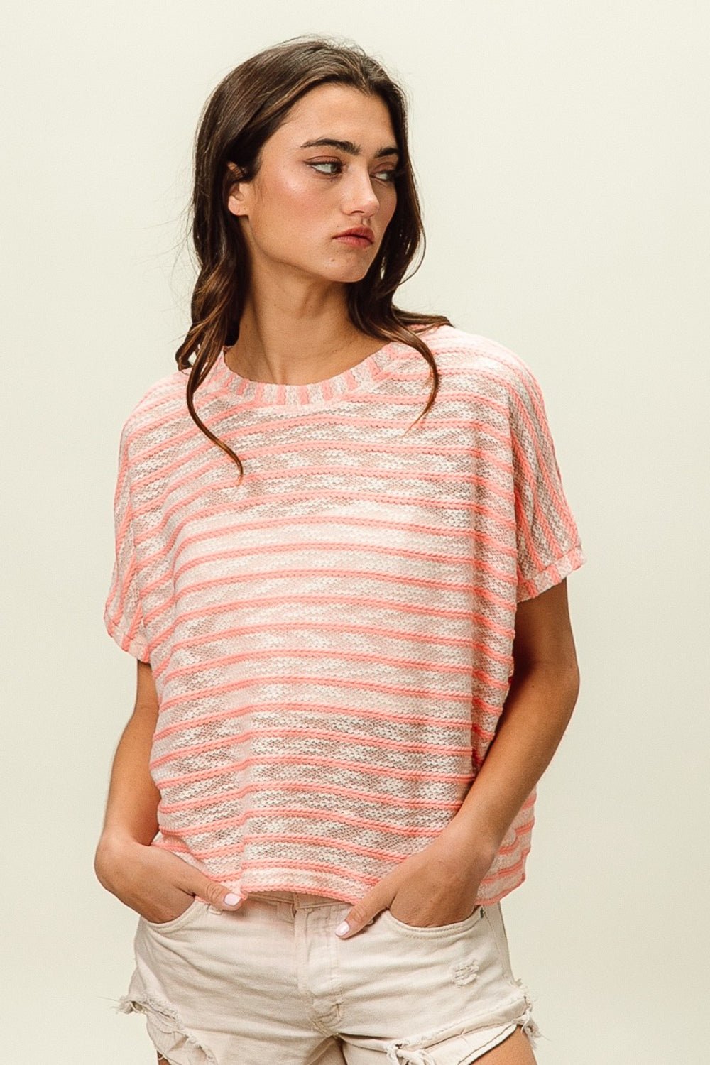 BiBi Braid Striped Short Sleeve Round Neck T - Shirt - Admiresty