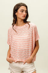 BiBi Braid Striped Short Sleeve Round Neck T - Shirt - Admiresty