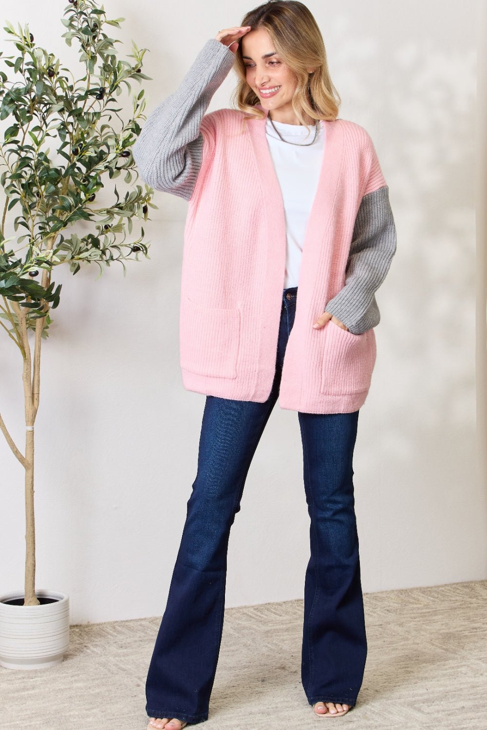 BiBi Contrast Open Front Cardigan with Pockets - Admiresty