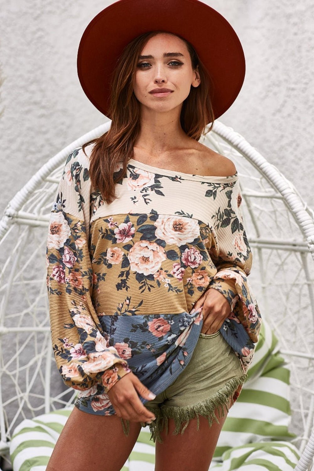 BiBi Floral Jacquard Color Block Top - Admiresty