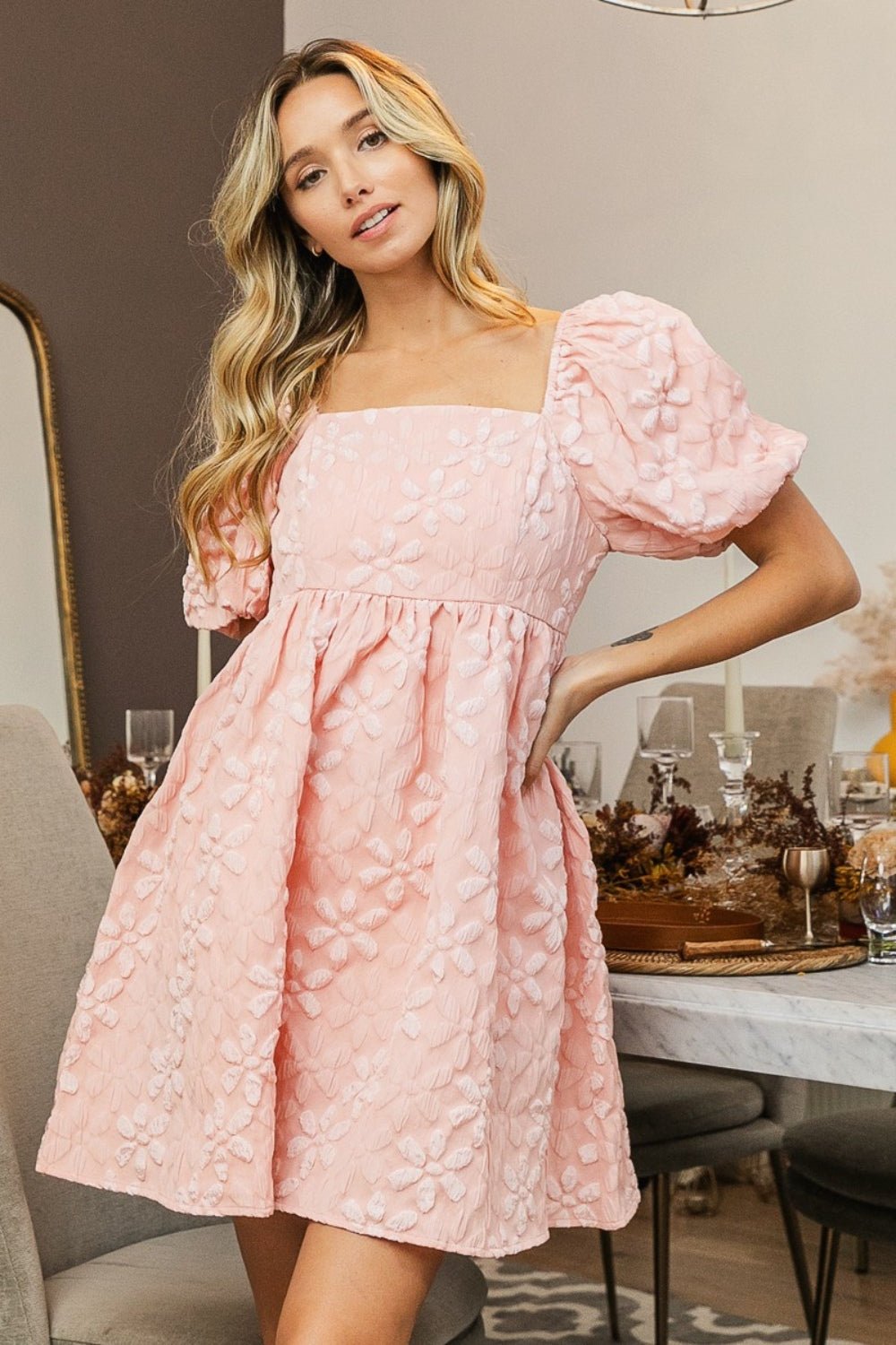 BiBi Flower Square Neck Puff Sleeve Dress - Admiresty