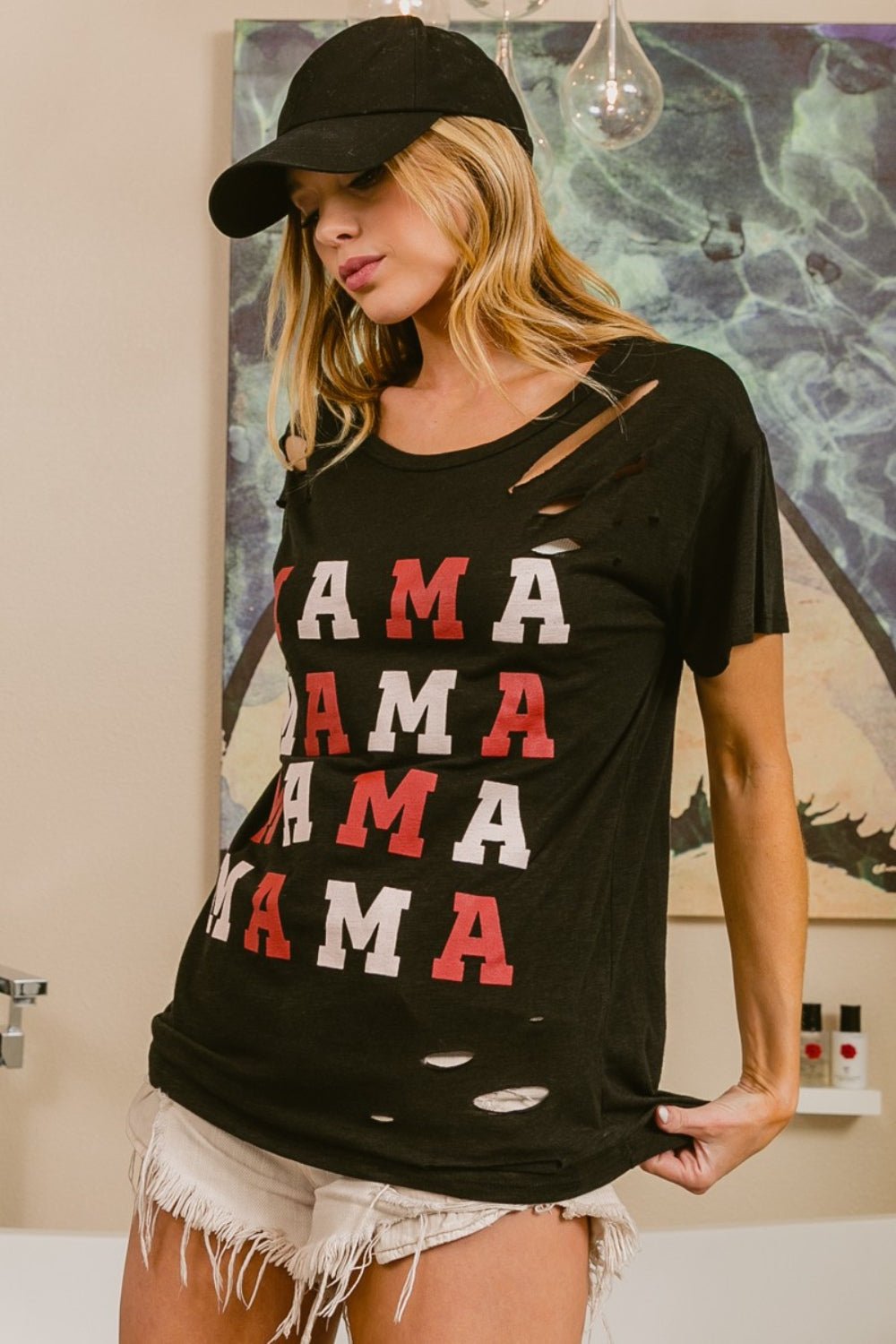 BiBi MAMA Graphic Distressed Short Sleeve T - Shirt - Admiresty