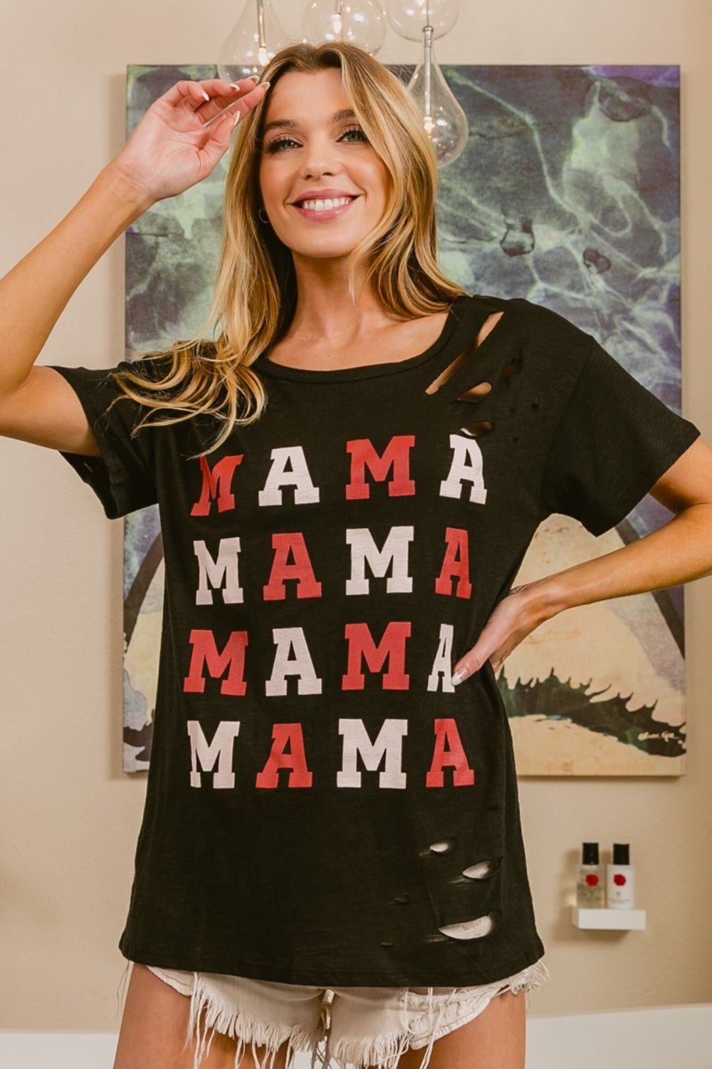 BiBi MAMA Graphic Distressed Short Sleeve T - Shirt - Admiresty