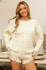 BiBi Pearl & Rhinestone Decor Long Sleeve Sweater - Admiresty