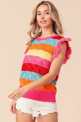 BiBi Pointelle Striped Ruffled Knit Top - Admiresty