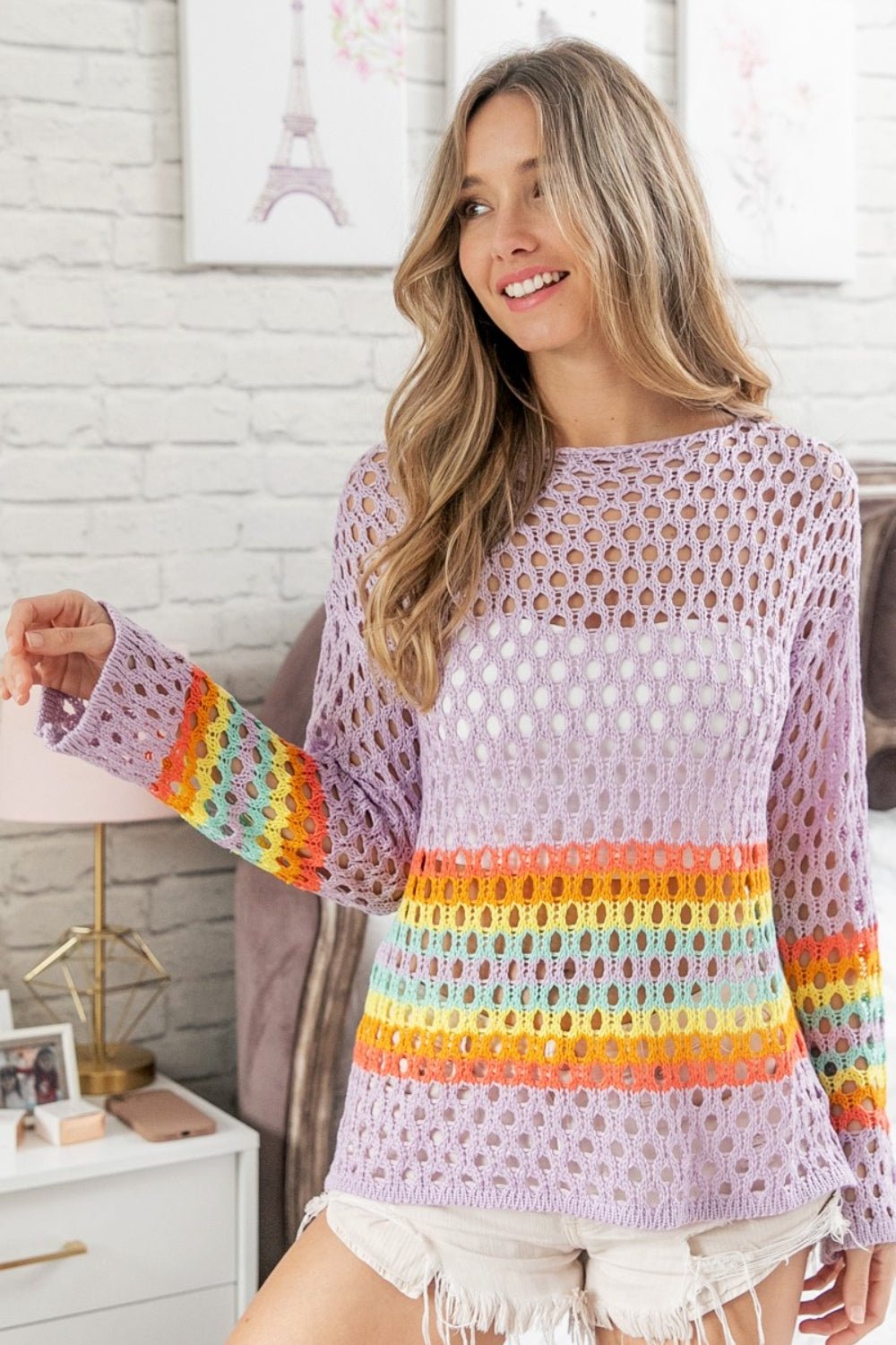 BiBi Rainbow Stripe Hollow Out Cover Up - Admiresty