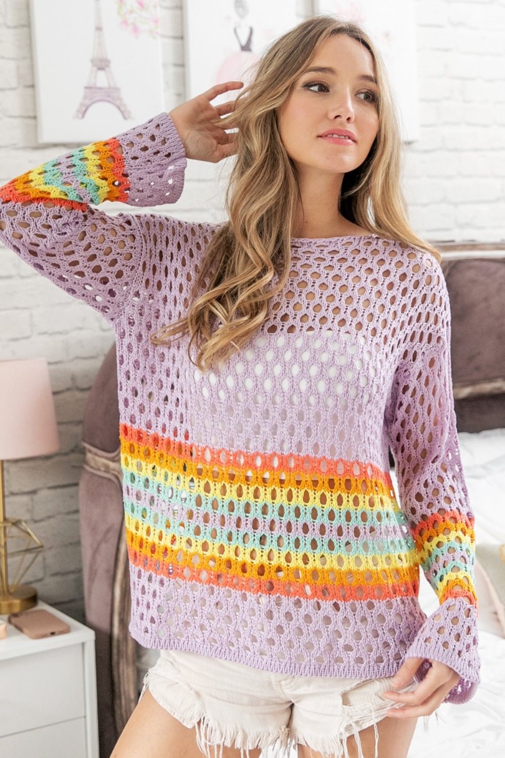 BiBi Rainbow Stripe Hollow Out Cover Up - Admiresty