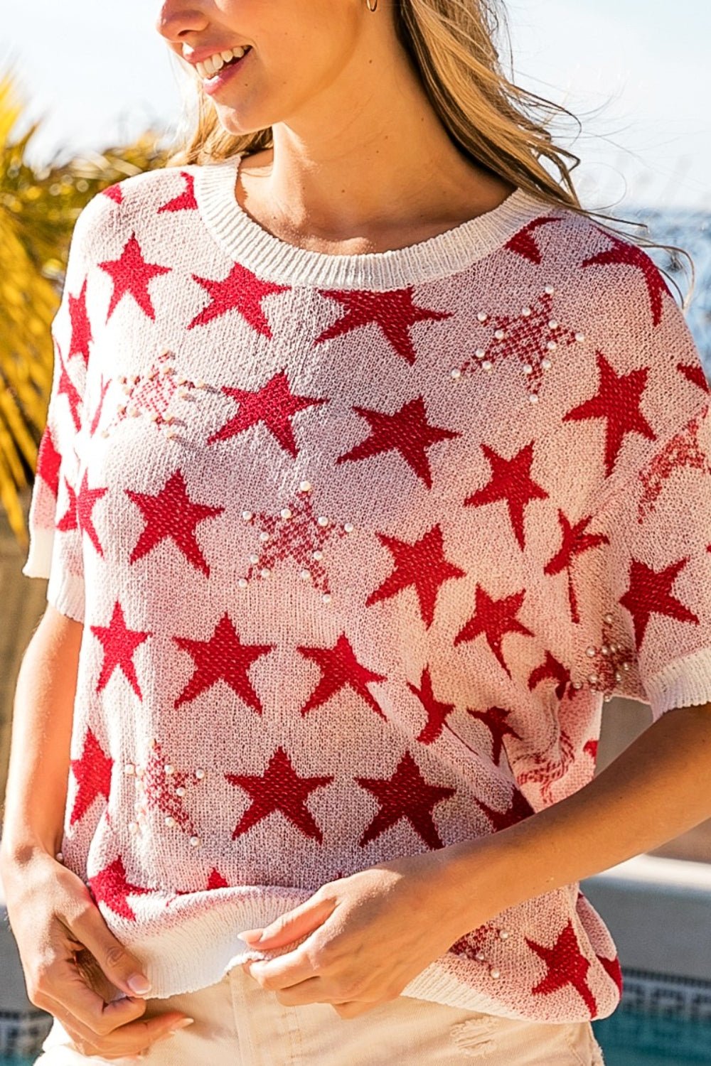 BiBi Star Pattern Round Neck Short Sleeve Knit Top - Admiresty
