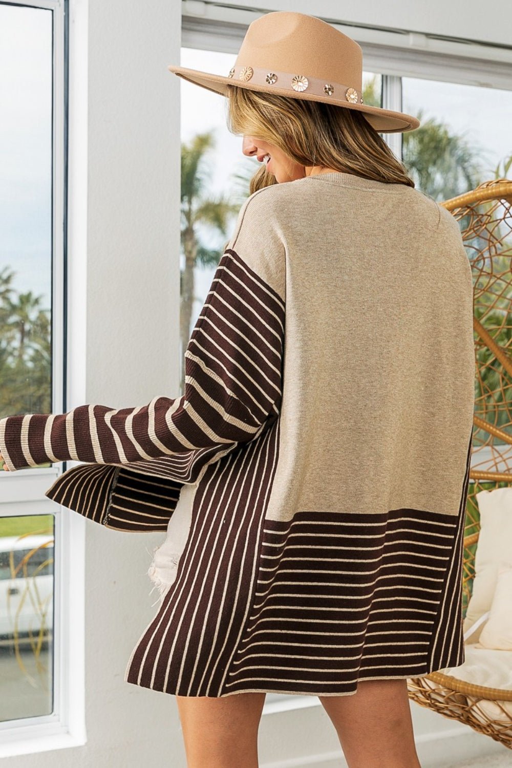 BiBi Striped Contrast Long Sleeve Slit Top - Admiresty