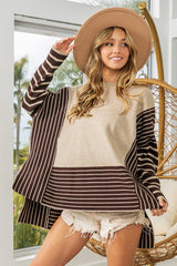 BiBi Striped Contrast Long Sleeve Slit Top - Admiresty