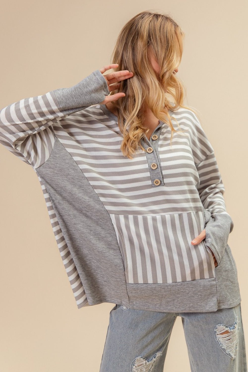 BiBi Striped Thumbhole Long Sleeve Top - Admiresty