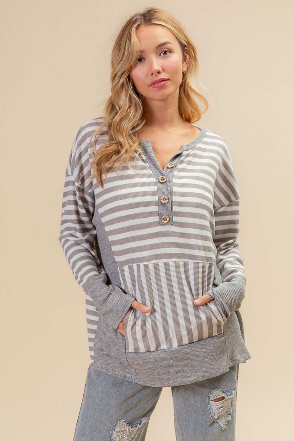 BiBi Striped Thumbhole Long Sleeve Top - Admiresty