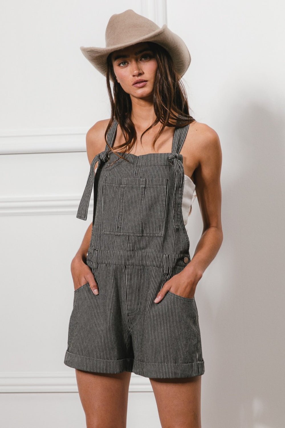 BiBi Tie Strap Washed Stripe Denim Overalls - Admiresty