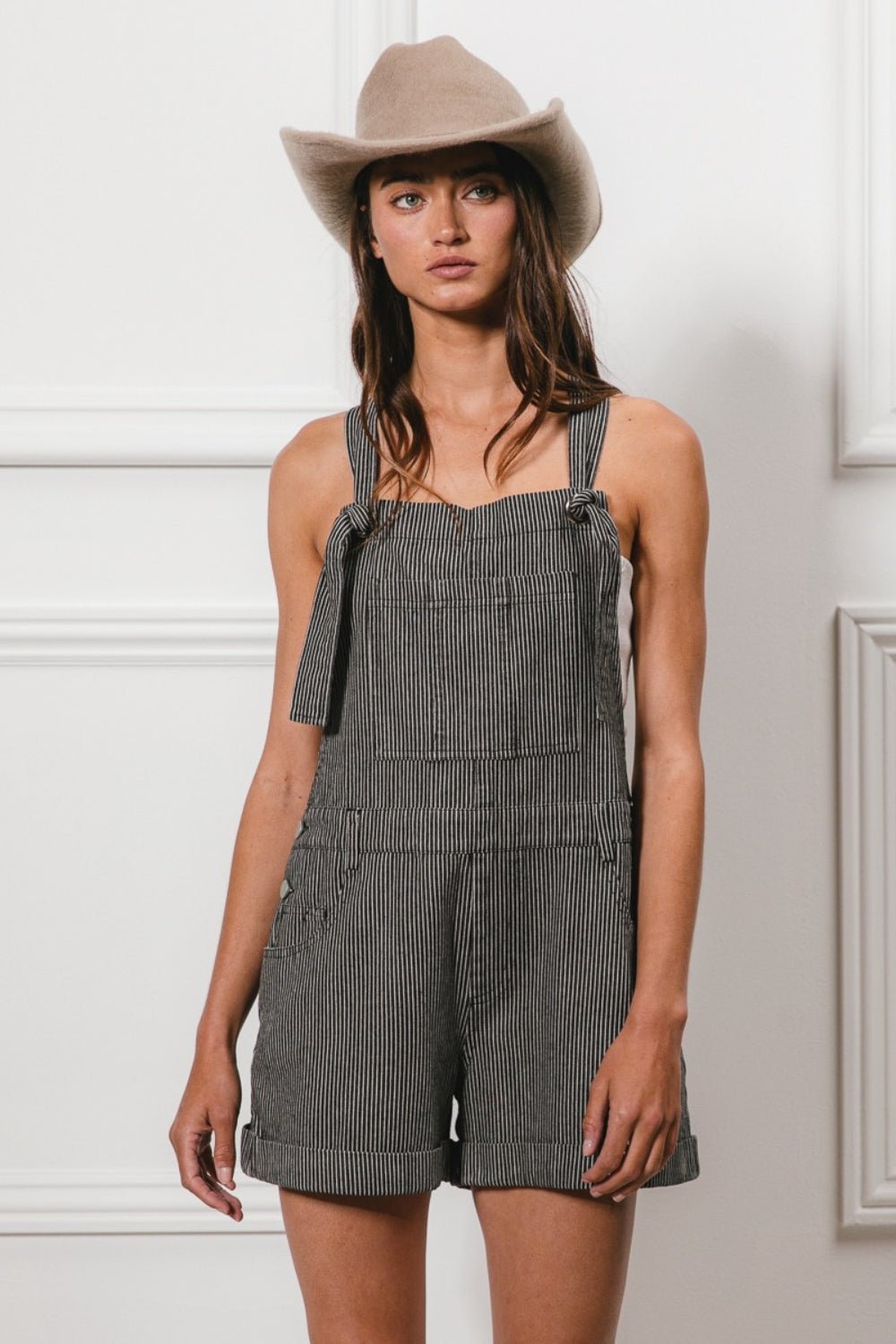 BiBi Tie Strap Washed Stripe Denim Overalls - Admiresty