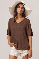 BiBi V - Neck Slit Short Sleeve Sweater - Admiresty