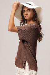 BiBi V - Neck Slit Short Sleeve Sweater - Admiresty