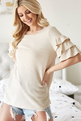 BiBi Waffle Knit Layer Ruffled Sleeve Top - Admiresty