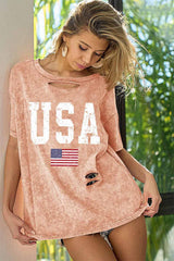 BiBi Washed American Flag Graphic Distressed T - Shirt - Admiresty