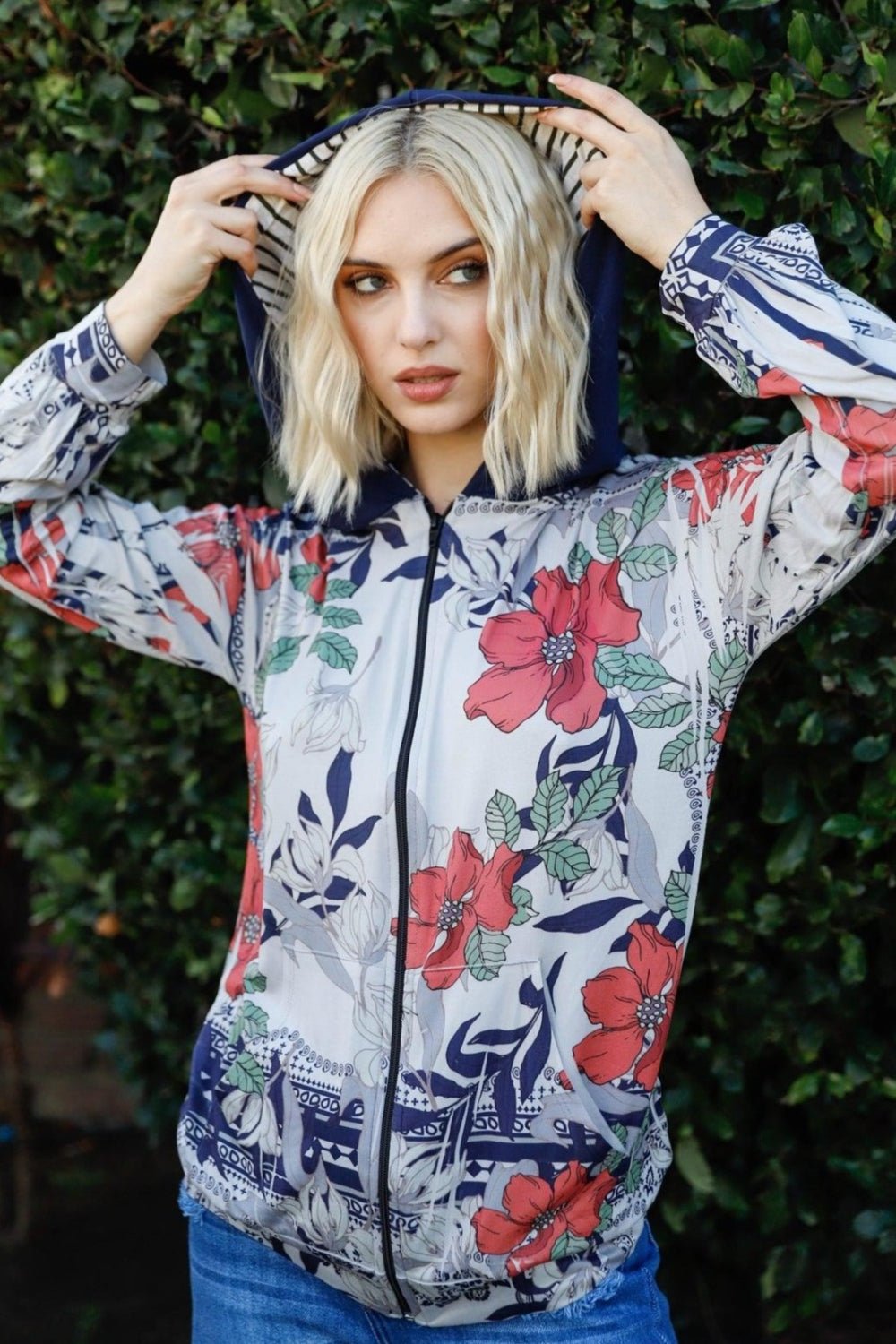 Blumin Apparel Full Size Floral Zip Up Hoodie - Admiresty