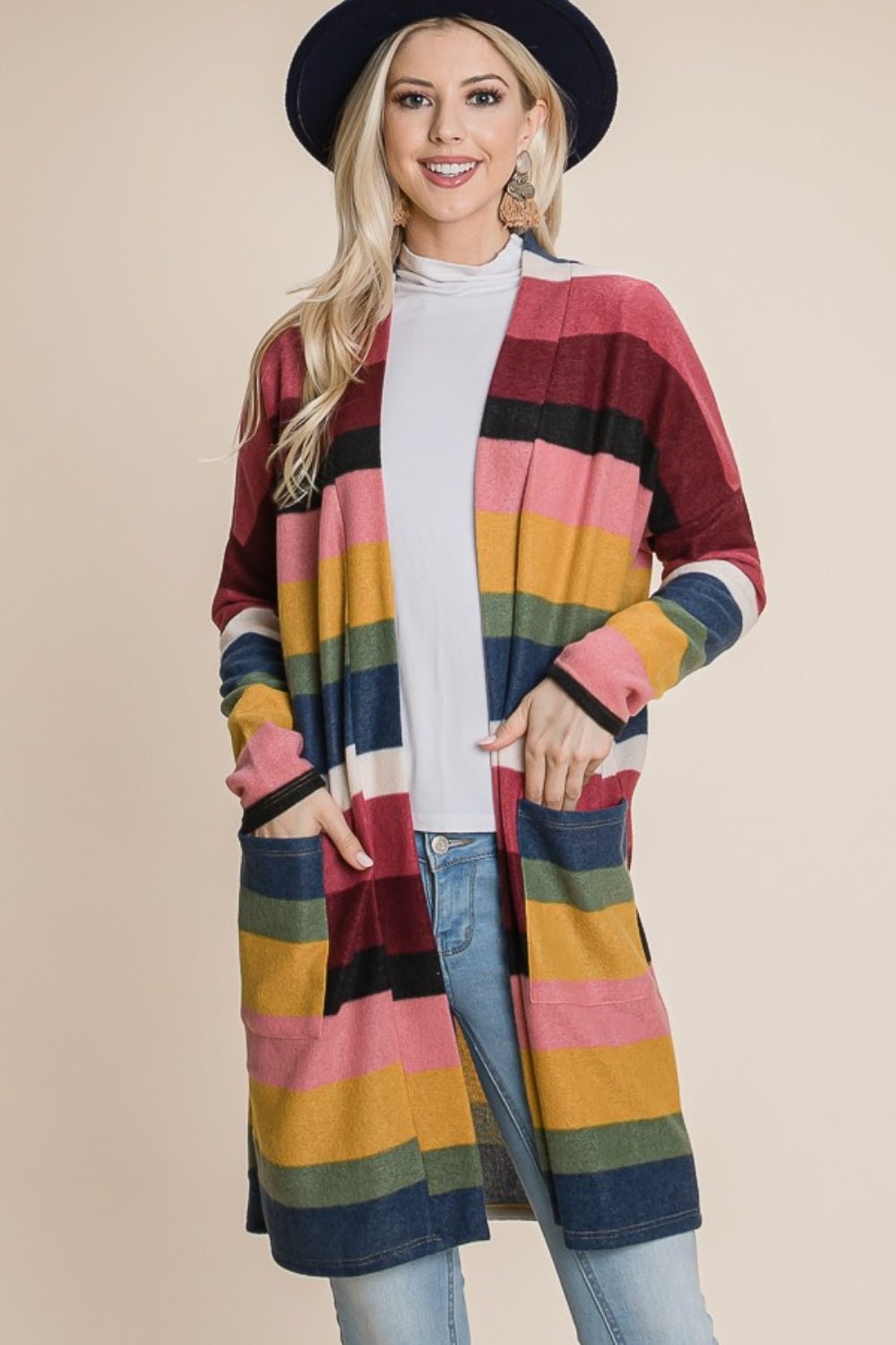 BOMBOM Color Block Striped Open Front Cardigan - Admiresty