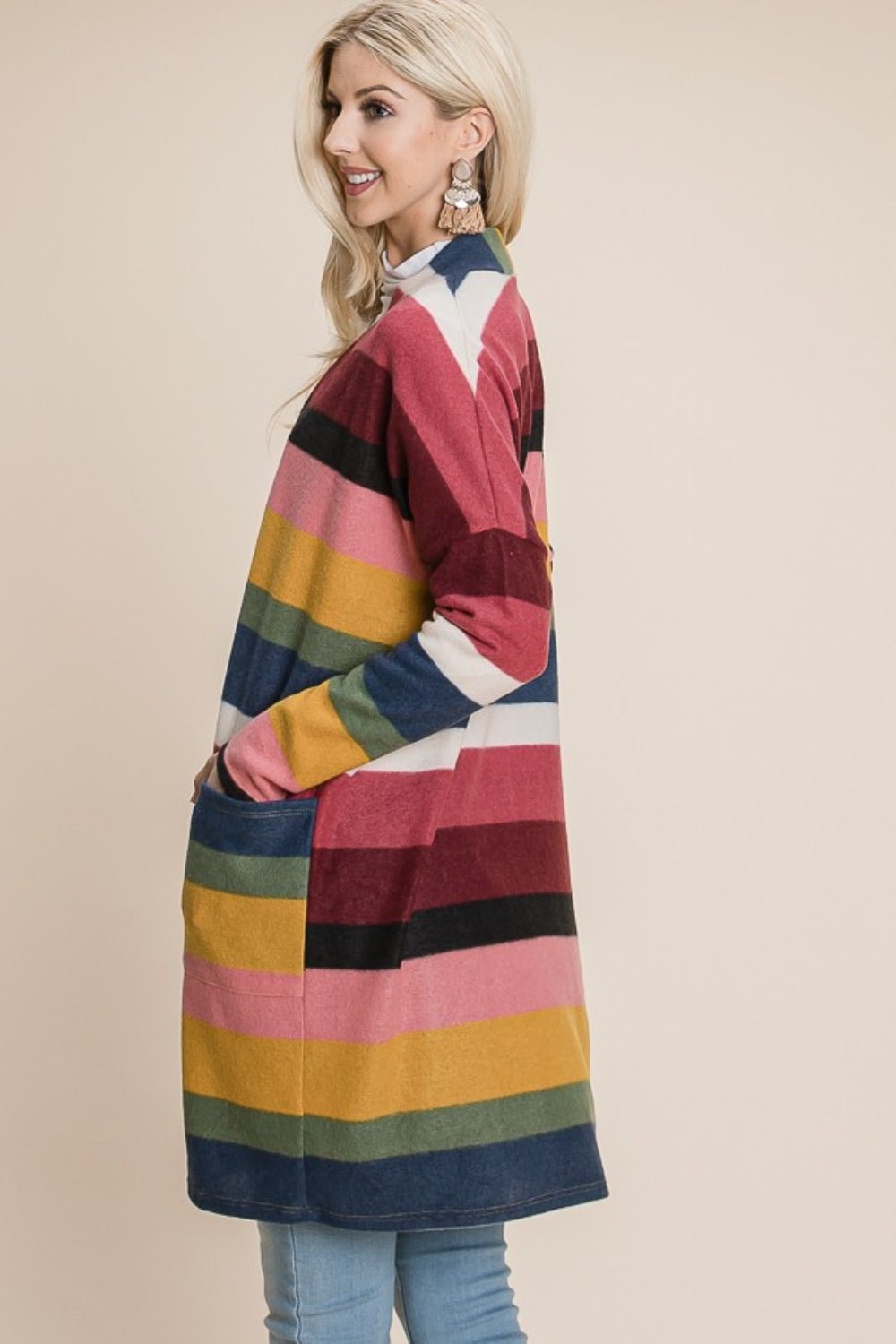 BOMBOM Color Block Striped Open Front Cardigan - Admiresty