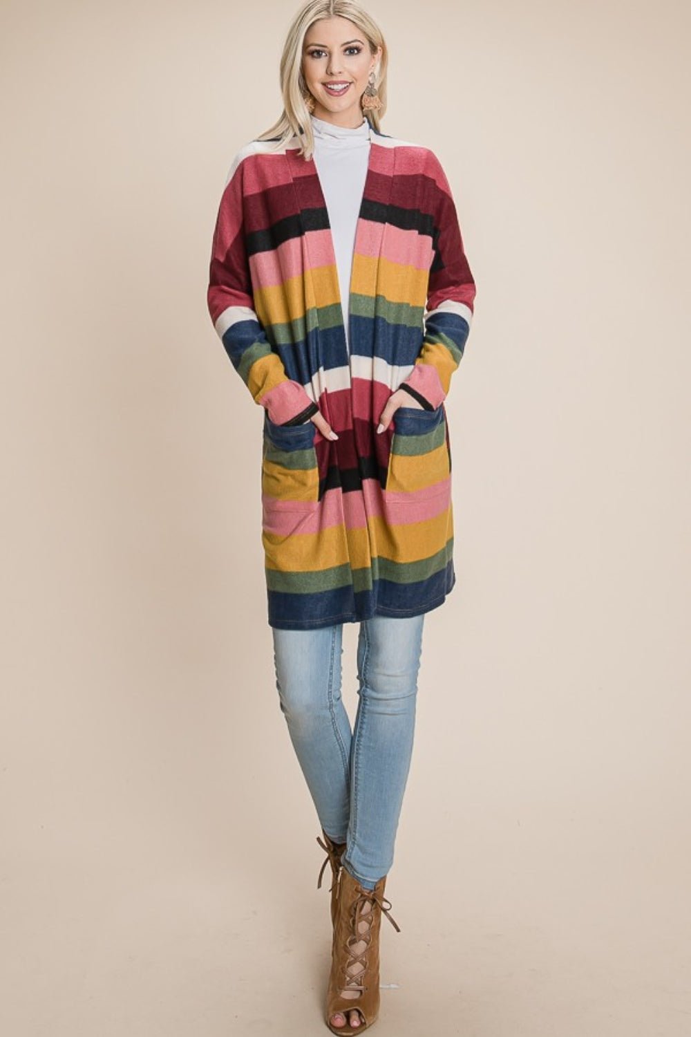 BOMBOM Color Block Striped Open Front Cardigan - Admiresty