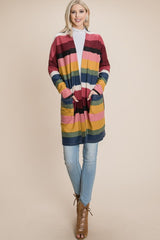 BOMBOM Color Block Striped Open Front Cardigan - Admiresty