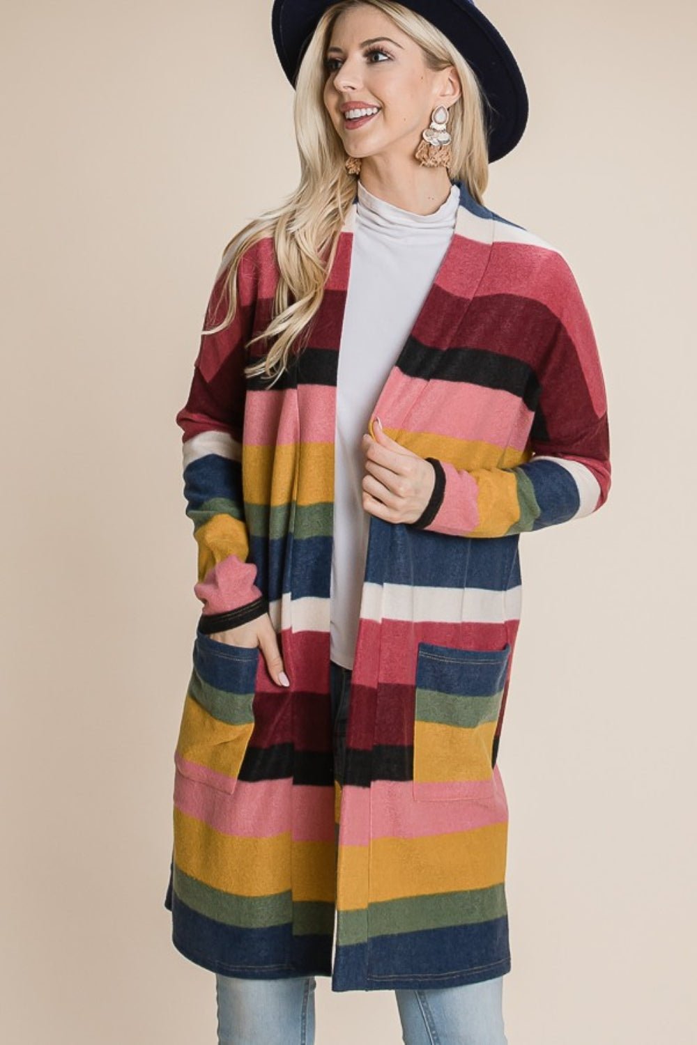 BOMBOM Color Block Striped Open Front Cardigan - Admiresty