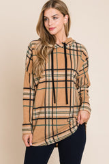 BOMBOM Drawstring Plaid Long Sleeve Hoodie - Admiresty