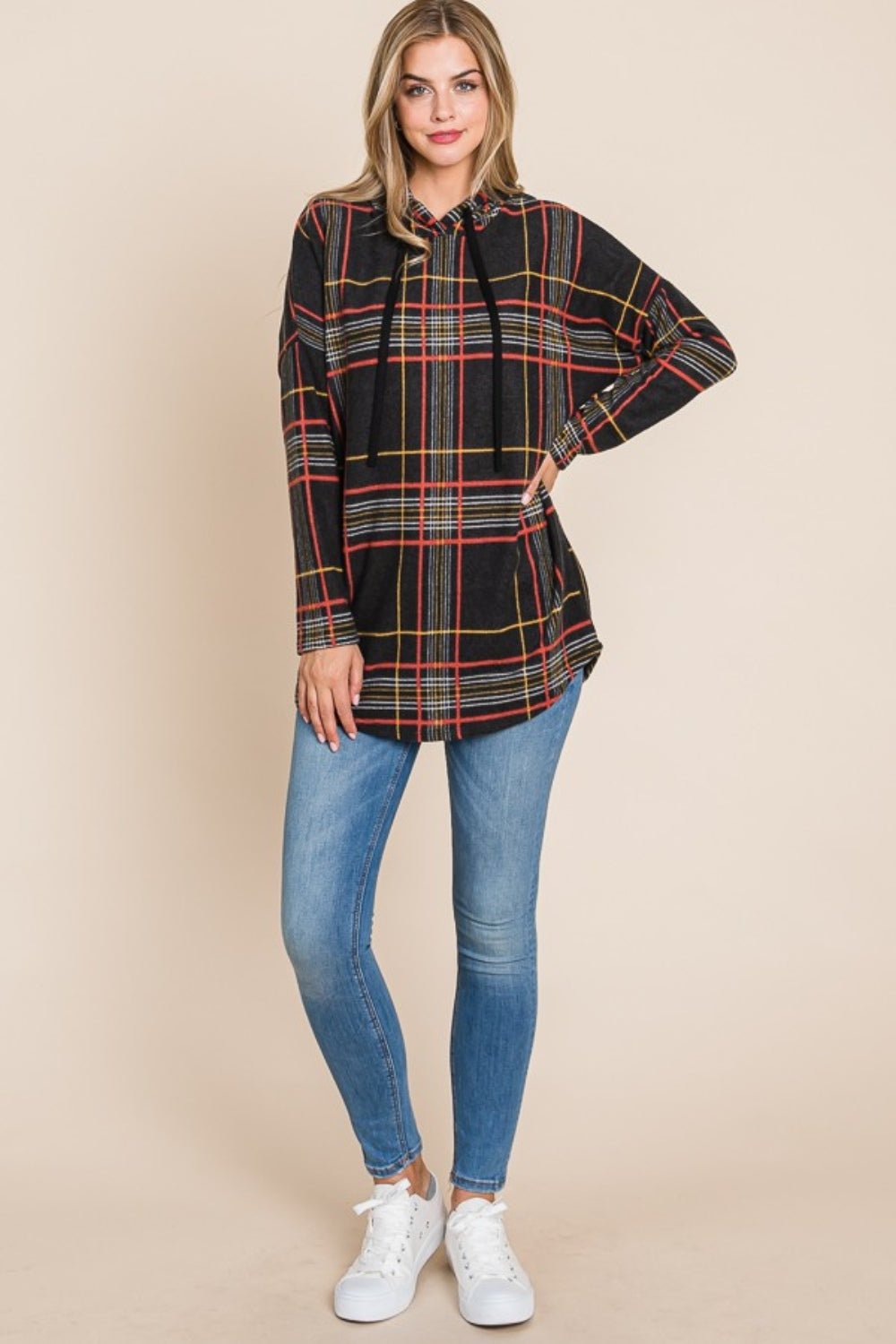 BOMBOM Drawstring Plaid Long Sleeve Hoodie - Admiresty