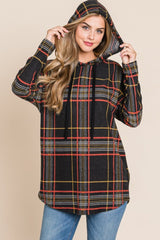 BOMBOM Drawstring Plaid Long Sleeve Hoodie - Admiresty