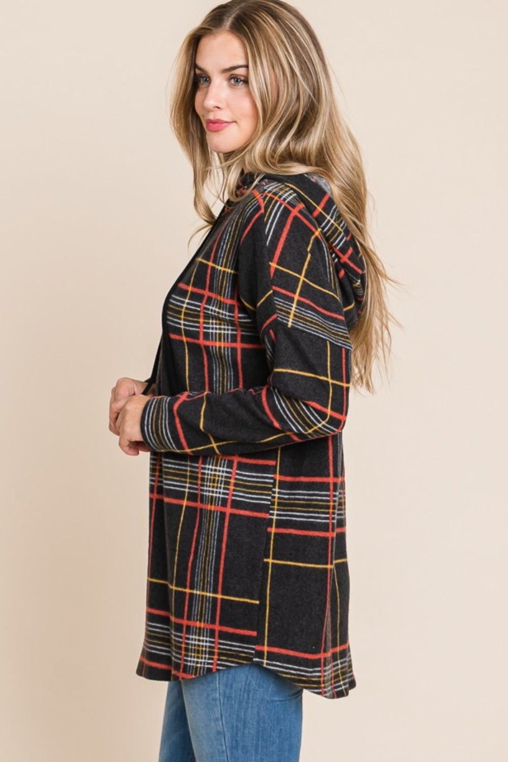 BOMBOM Drawstring Plaid Long Sleeve Hoodie - Admiresty