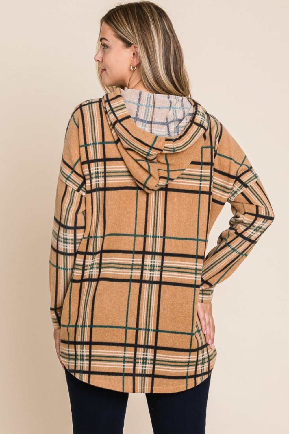 BOMBOM Drawstring Plaid Long Sleeve Hoodie - Admiresty