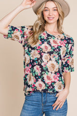 BOMBOM Floral Round Neck T - Shirt - Admiresty