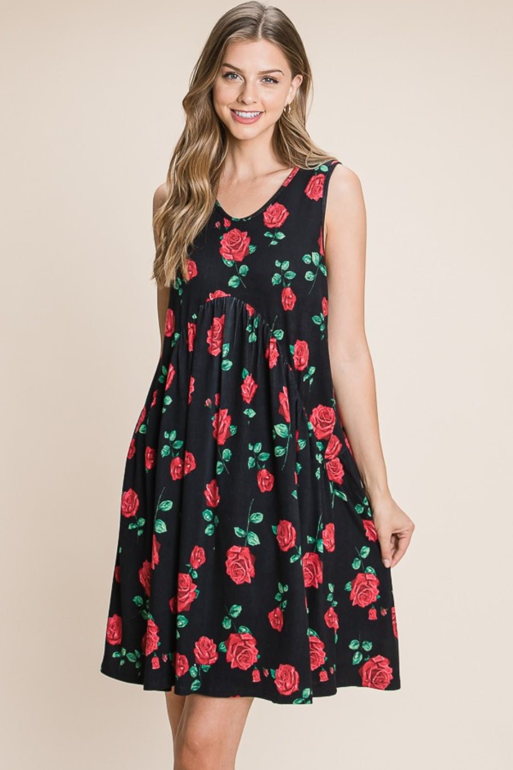 BOMBOM Floral Ruched Tank Dress - Admiresty