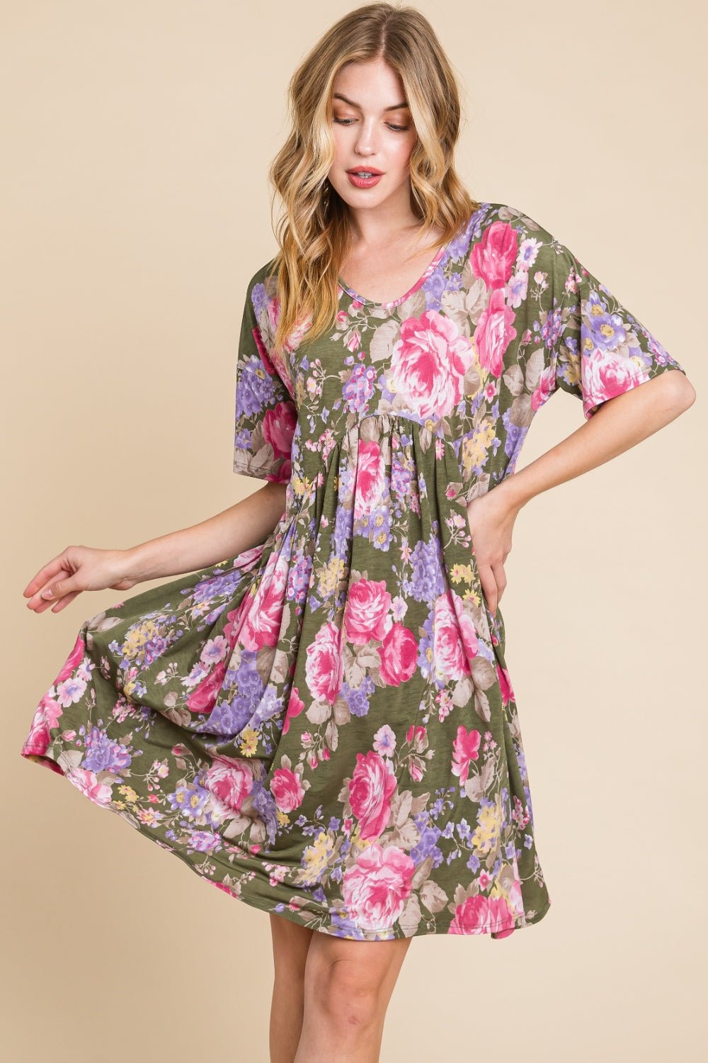 BOMBOM Flower Print V - Neck Ruched Dress - Admiresty