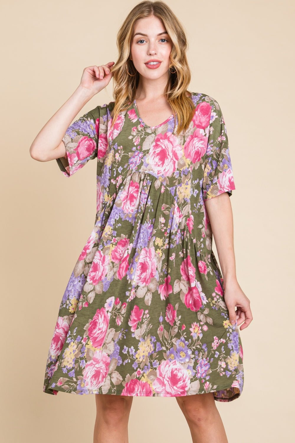 BOMBOM Flower Print V - Neck Ruched Dress - Admiresty